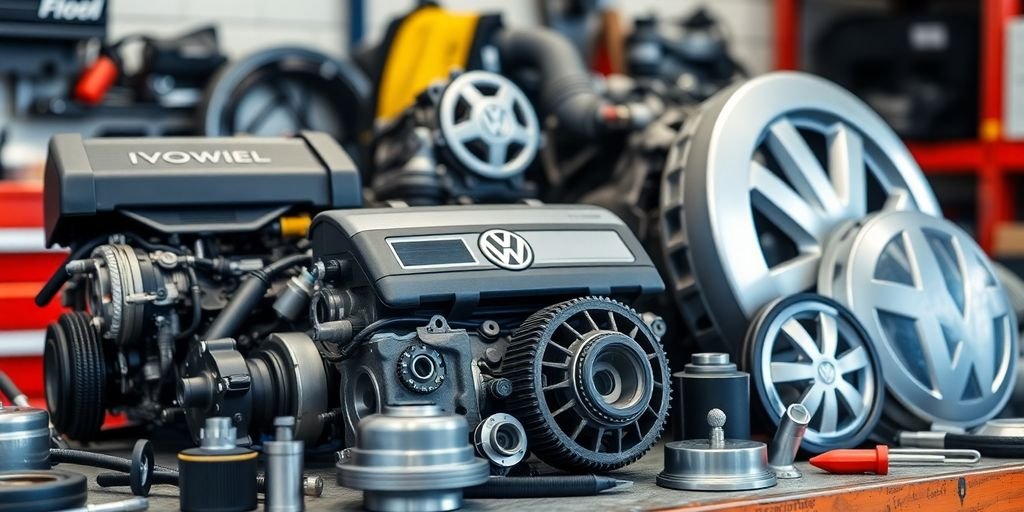 High-quality Volkswagen auto parts on a workbench.