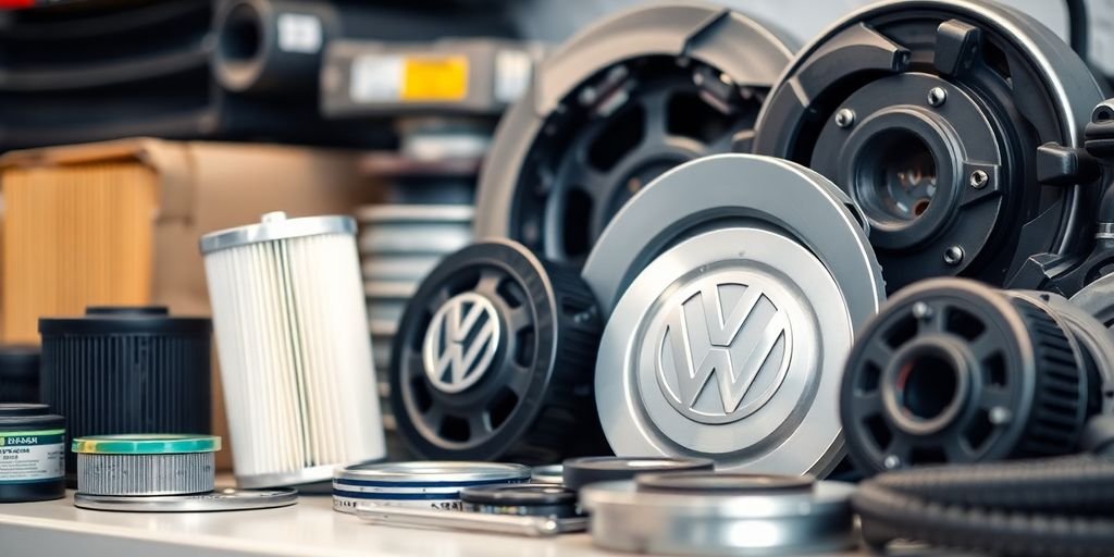Close-up of quality Volkswagen spare parts arranged neatly.
