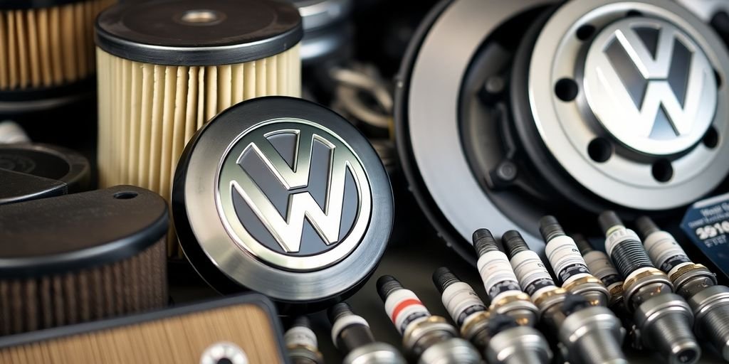 Assorted Volkswagen car parts in a neat arrangement.