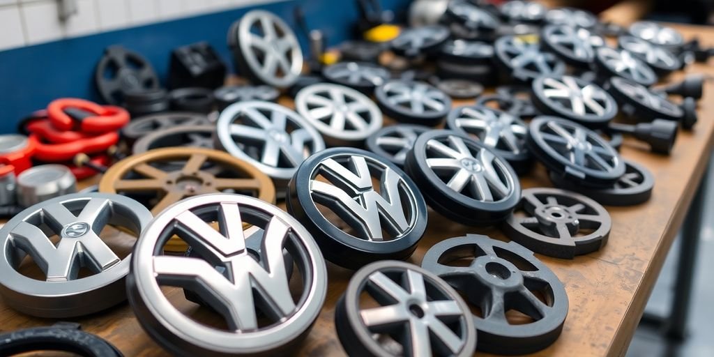 Close-up of Volkswagen car parts on a workshop table.