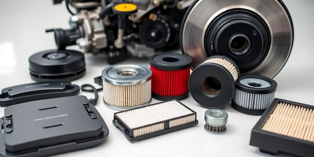 Collection of Volkswagen auto parts on a clean background.