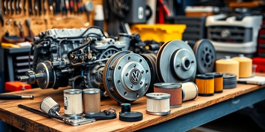 Quality Volkswagen spare parts on a workbench in Newcastle.
