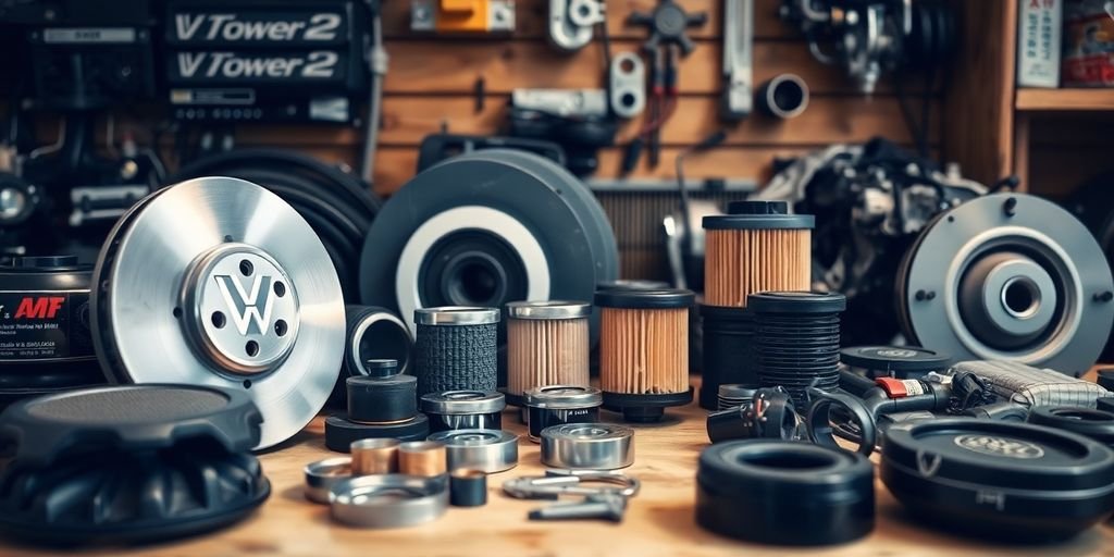 High-quality Volkswagen auto parts on a workbench.