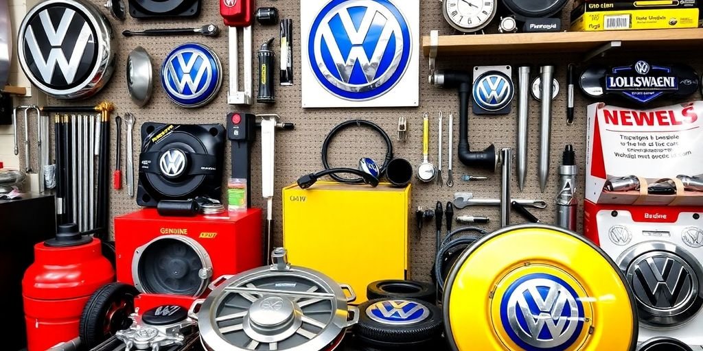 Genuine Volkswagen parts neatly displayed for sale.