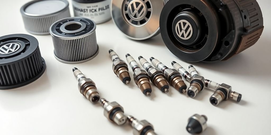 Assorted Volkswagen car parts laid out neatly.