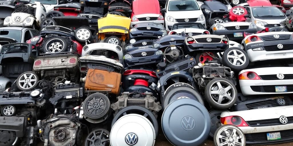 Volkswagen car parts stacked neatly.