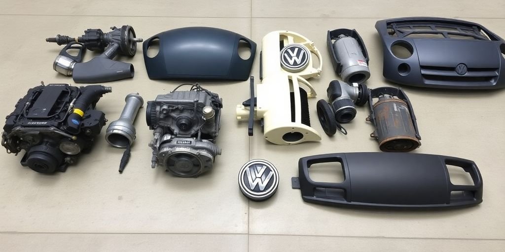 VW car parts laid out on a clean workshop floor.