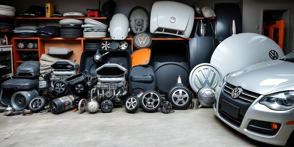 VW car parts laid out on a workshop floor.