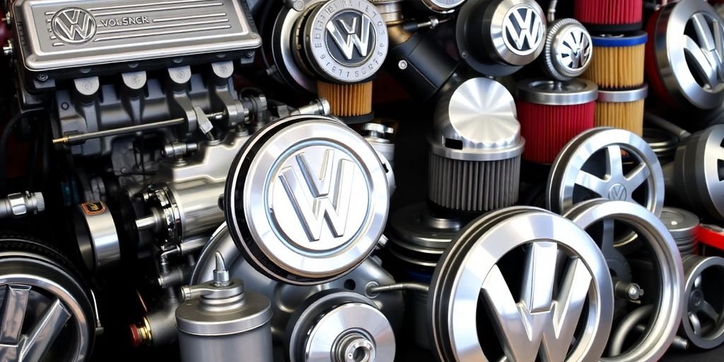 Volkswagen car parts laid out.