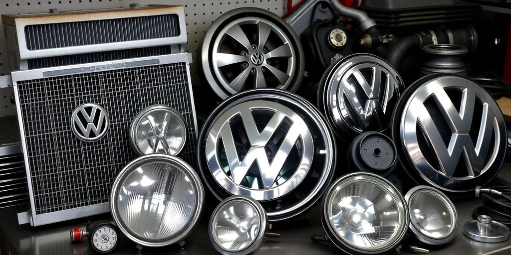 VW car parts scattered on a clean workshop floor.