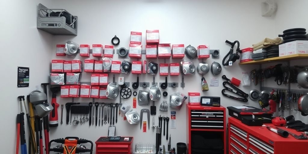 The image shows a workshop or a parts department