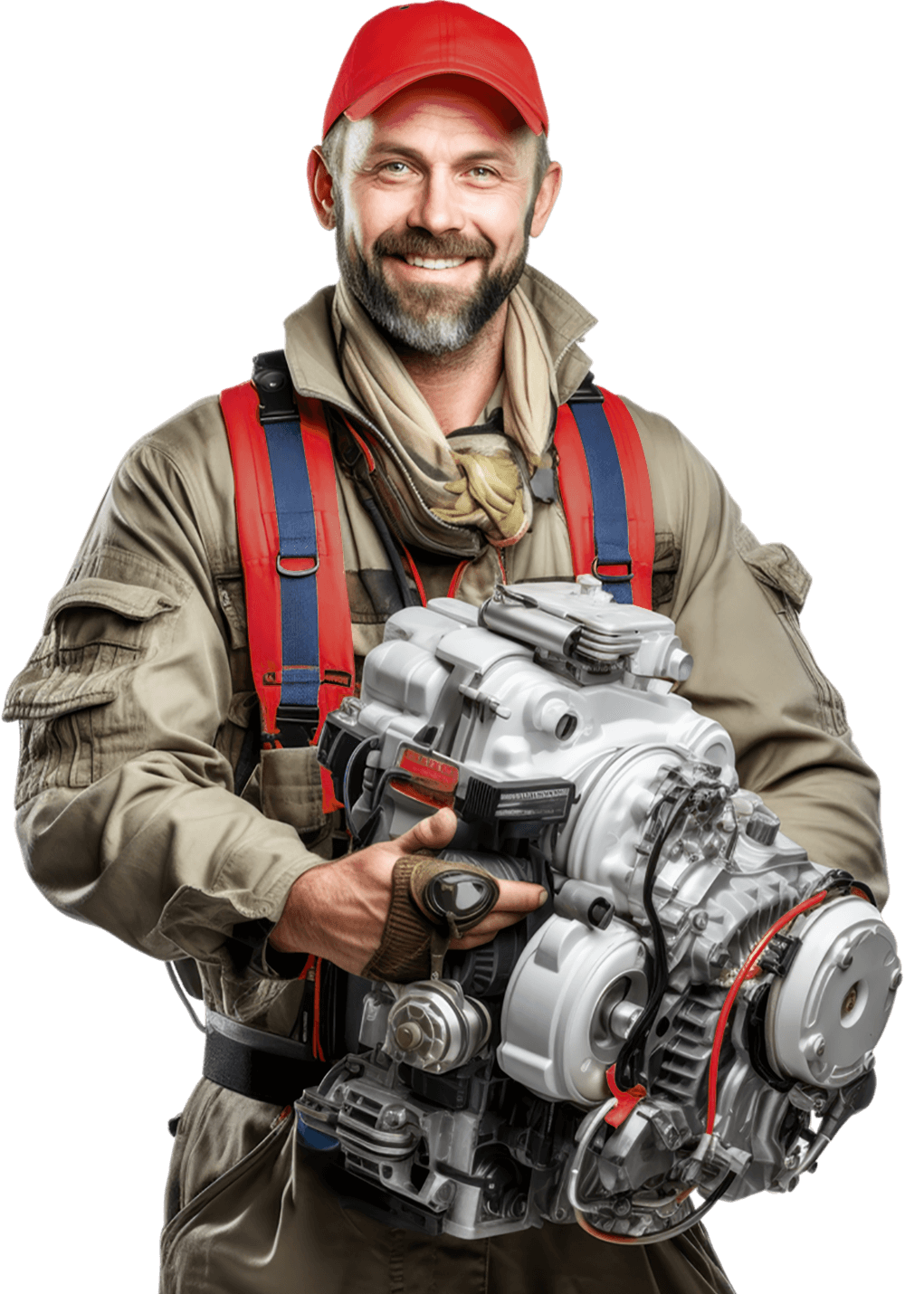 The man in the image is holding a car engine