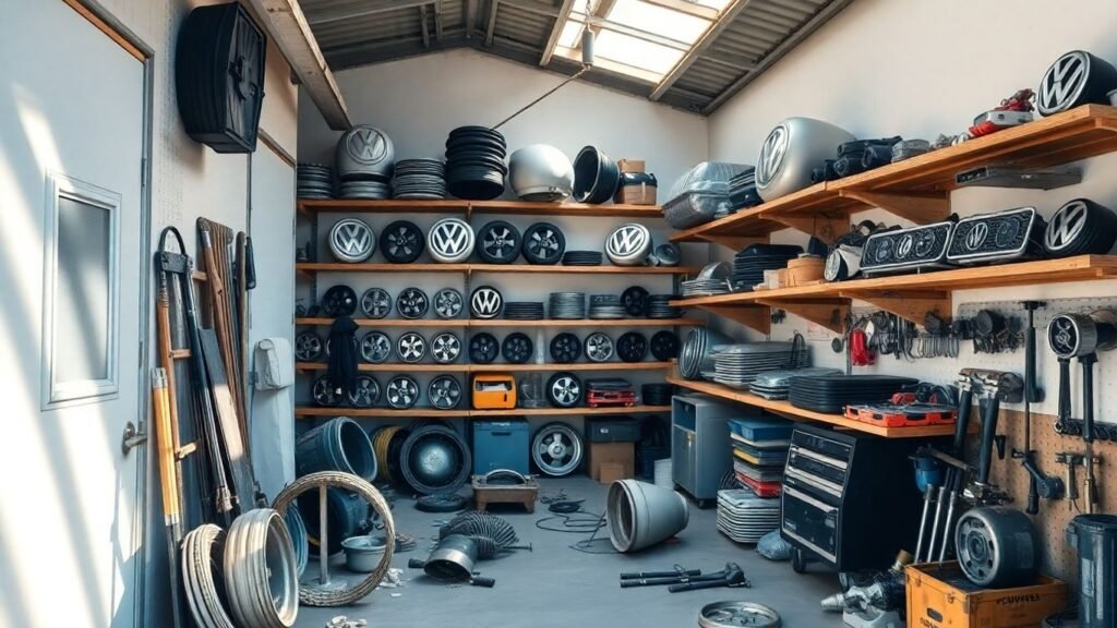 Volkswagen car parts in a workshop