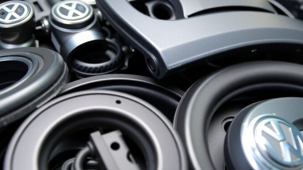 Genuine VW Touareg parts arranged for display.