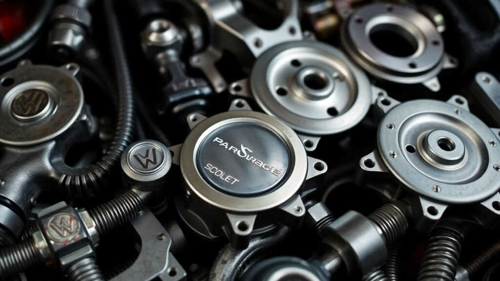 Volkswagen Scirocco spare parts laid out for display.