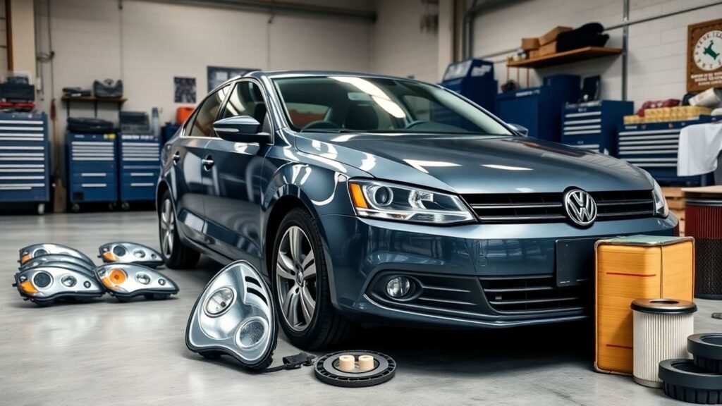 Volkswagen Jetta with parts in automotive workshop