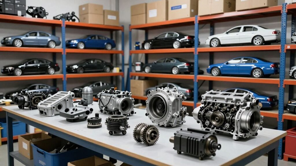 Volkswagen car parts and engine components in a workshop.