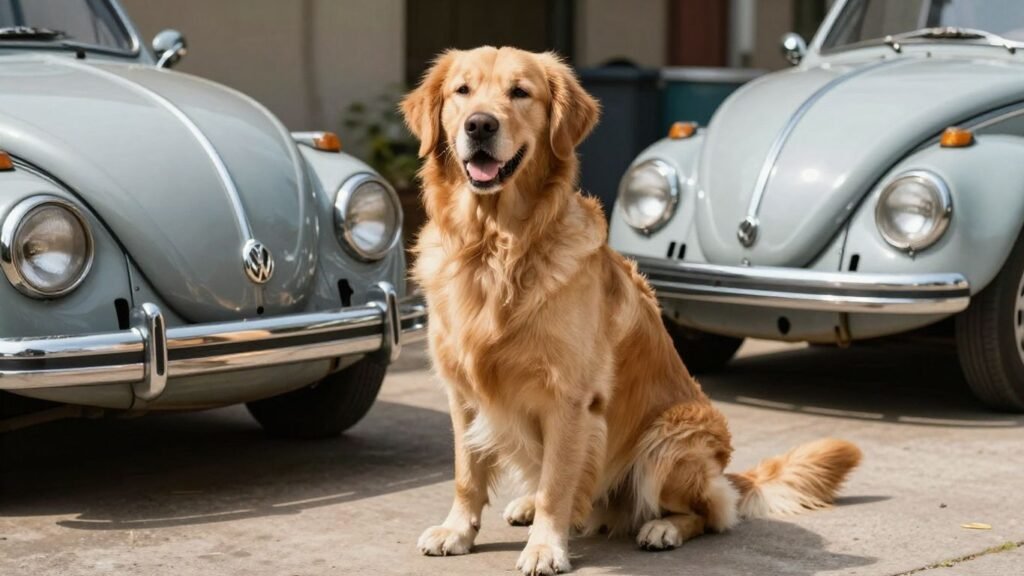 Volkswagen car parts and a happy dog.