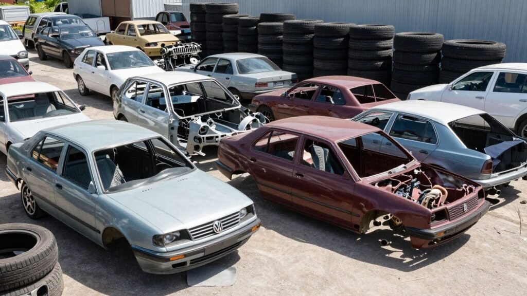Volkswagen car parts and vehicles in a recycling yard.