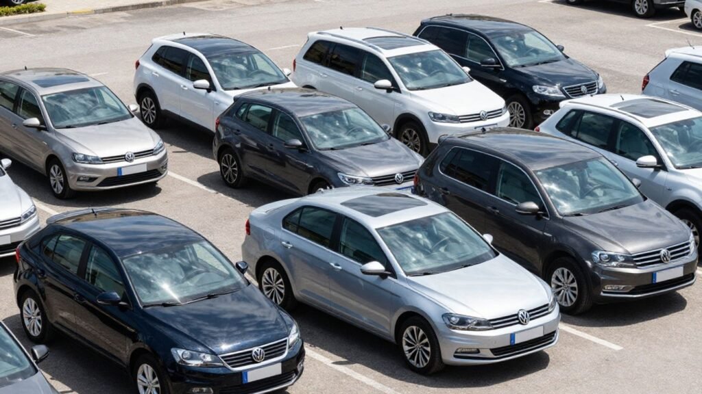 Volkswagen cars and vans for trade-in at a dealership.